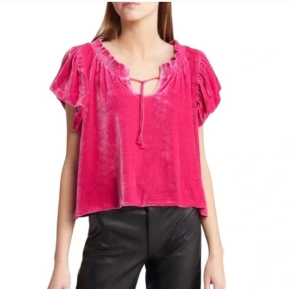 Free People Velvet Velour Pink Puff Sleeve oversized blouse top. Size XS. NWT! - Picture 1 of 2